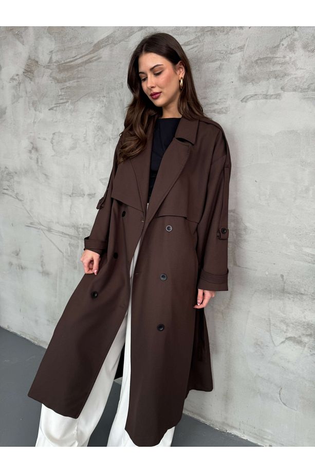 Acı Kahve Kruvaze Detaylı Oversize Trençkot - 4
