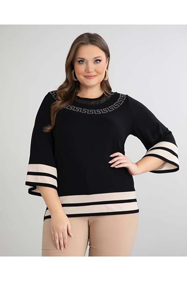 Women's Large Size Stylish Blouse with Stone and Tulle Detail on the Neckline