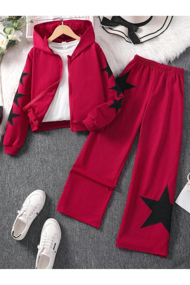 Star Printed Red 3 Thread Six Fleece Children's Bottom-Top