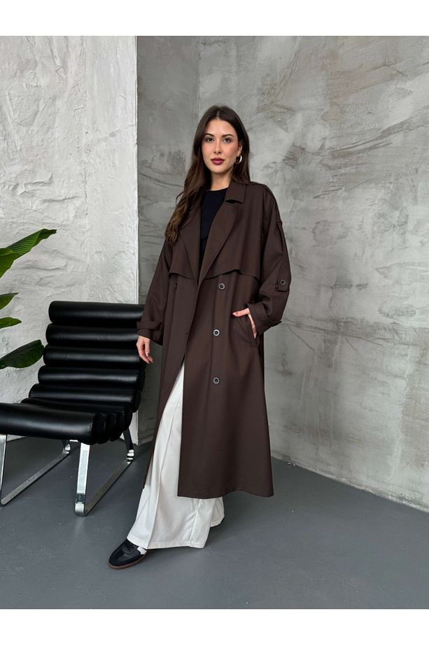 Acı Kahve Kruvaze Detaylı Oversize Trençkot - 1