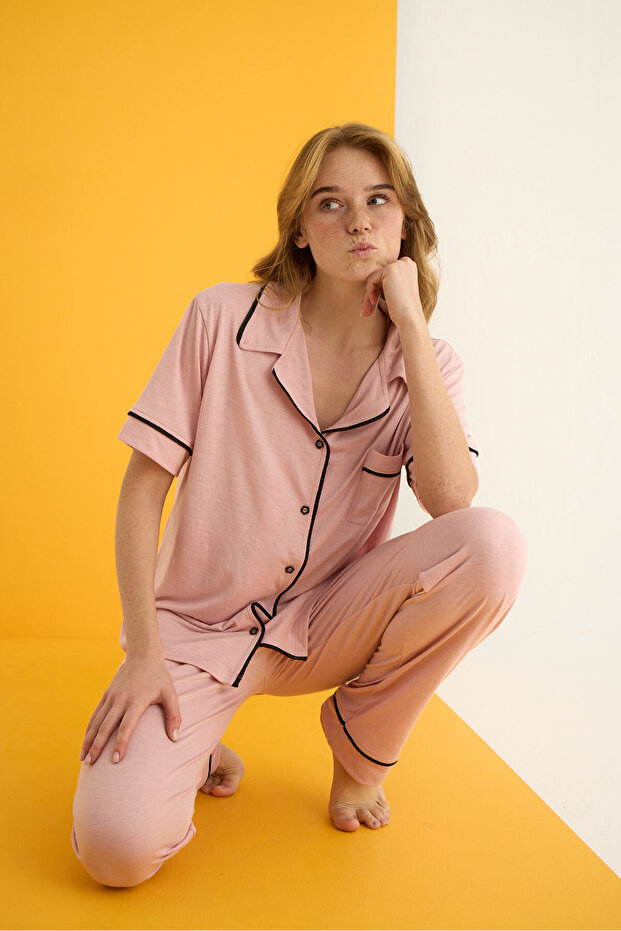 طقم بيجامة بأزرار فيسكوز - 1