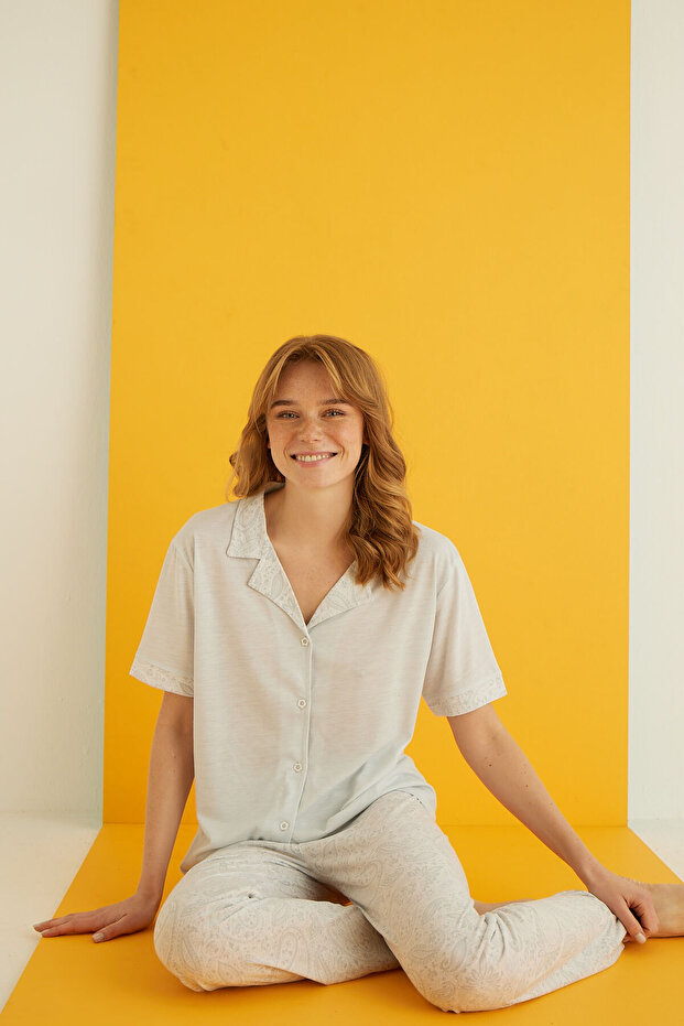 طقم بيجامة بأزرار فيسكوز - 1