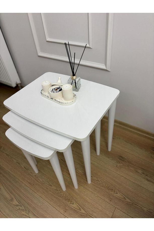 3’lü 1. Sınıf Üst Düzey Kaliteli Mdf Beyaz Zigon Sehpa - 4
