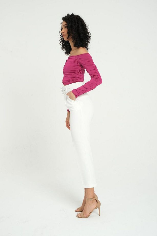 Omuzdan Askılı, Volanlı Uzun Kollu Crop Top - 3