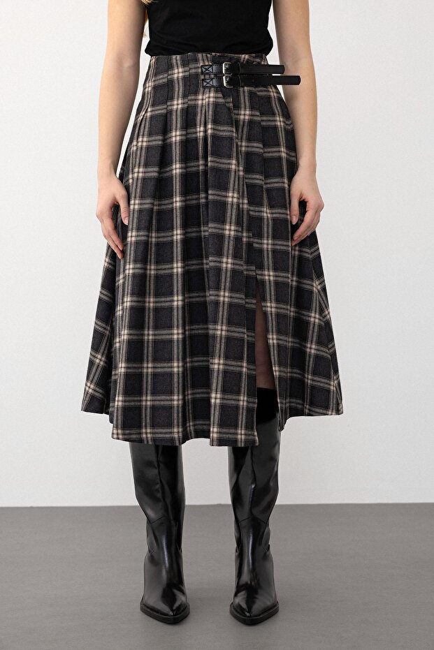 Spódnica w kratę z rozcięciem i paskiem ANTRACYT 7057 - 6
