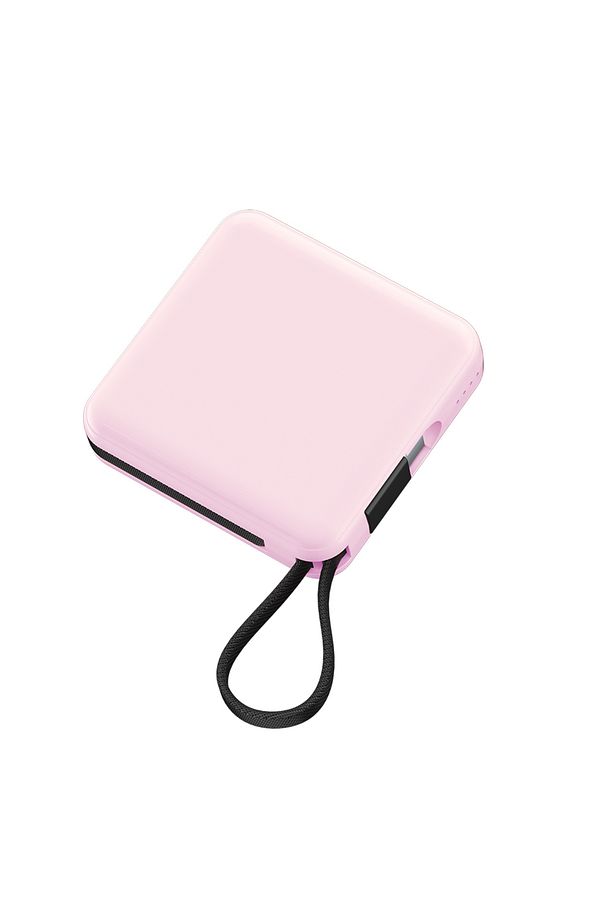Lightning ve Type-C Kablolu Dijital LED Göstergeli Askılı Powerbank 5000mAh Pembe - 1