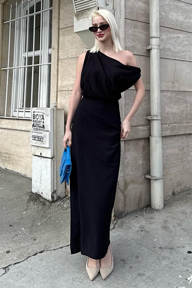 Rochie neagră cu umăr Mg2349 - 2