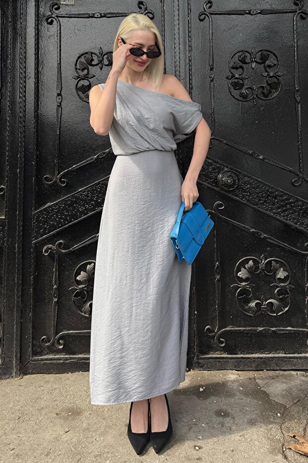 Rochie gri cu umăr Mg2349 - 2