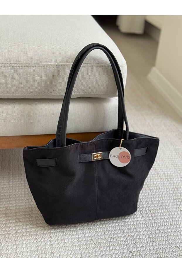 Black Suede Women's Shoulder Bag with Front Lock Detail