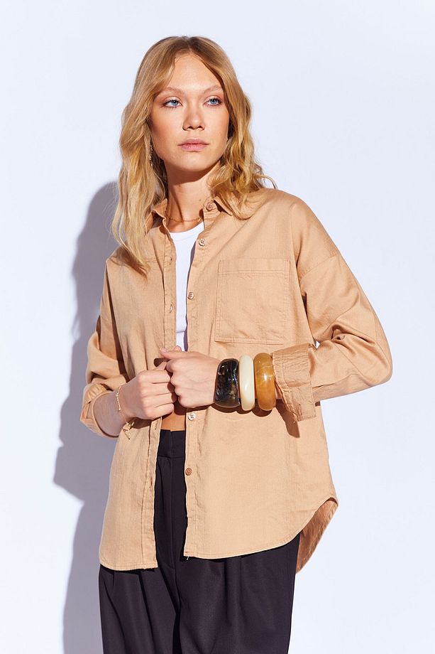 Camel Oversize tek cepli gabardin rahat kesim soft dokulu pamuk kadın gömlek  | MKW168174-01 - 8