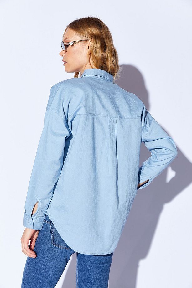 Mavi Oversize tek cepli gabardin rahat kesim soft dokulu pamuk kadın gömlek  | MKW168174-01 - 6