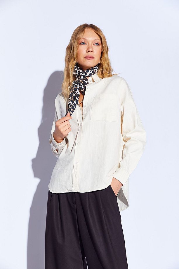 Ekru Oversize tek cepli gabardin rahat kesim soft dokulu pamuk kadın gömlek  | MKW168174-01 - 7