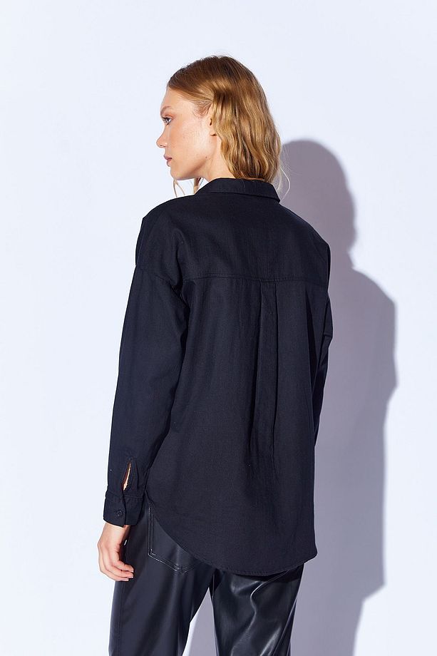 Siyah Oversize tek cepli gabardin rahat kesim soft dokulu pamuk kadın gömlek  | MKW168174-01 - 6