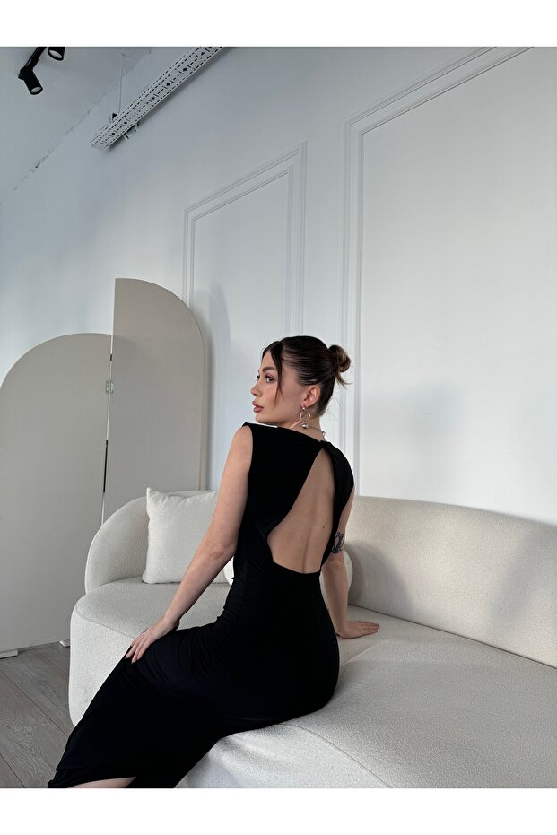 Black Backless Drape Long Sandy Slit - 2