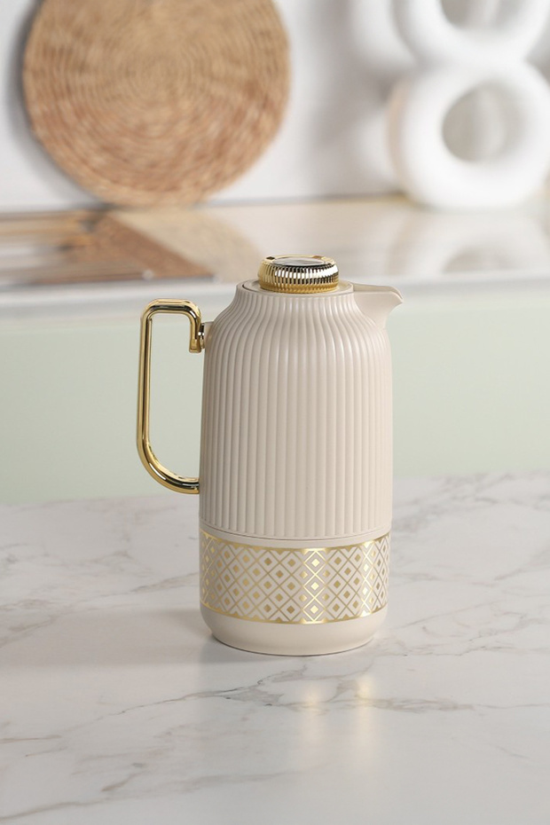 Cream Gold Detailed Luxury Stainless Steel Thermos Jug-1 Lt.