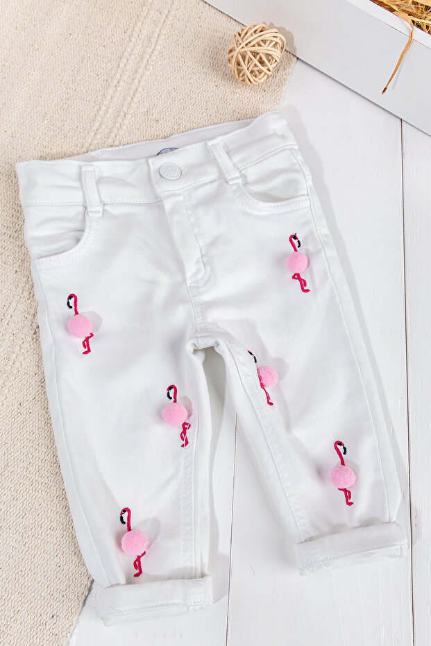 Flamingo Pompom Baby Girl Denim Trousers White