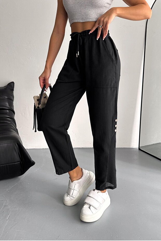 Linen Trousers with Mesh and Button Detail - 5