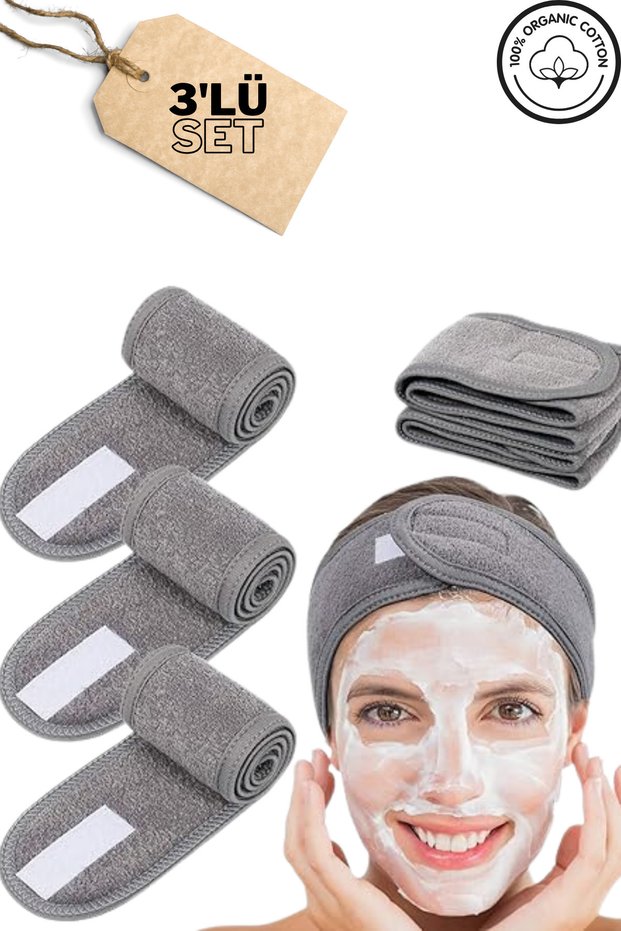 Hair Band Set of 3 Gray Color Towel Men & Women Makeup Yoga Spa Sports Bandana with Velcro Tape