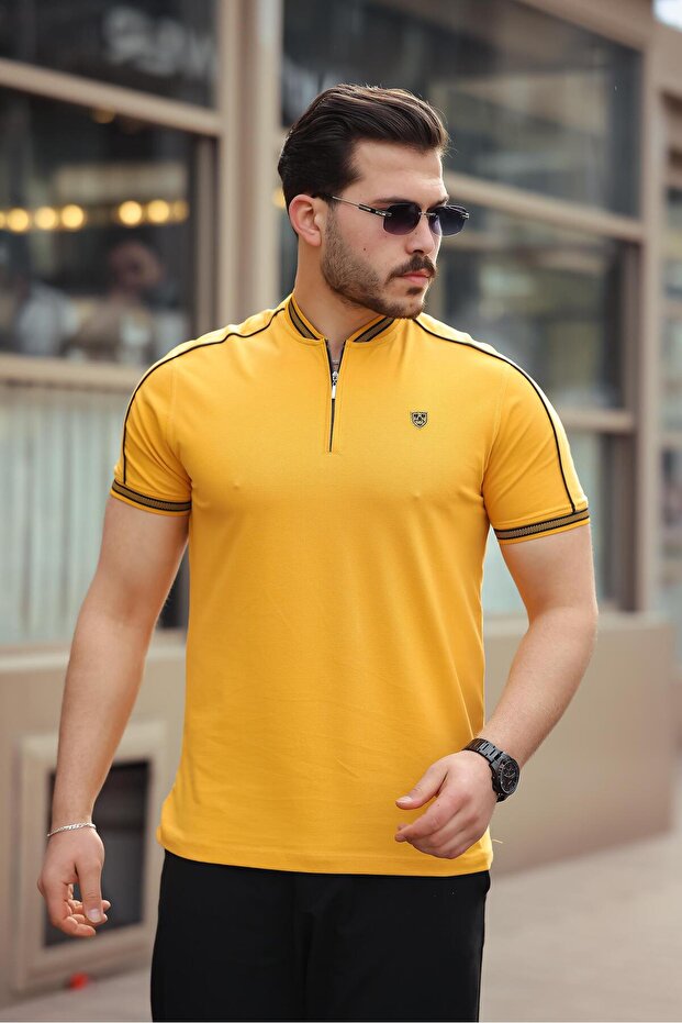 Mustard College Collar Half Zipper Short Sleeve T-Shirt- 2408