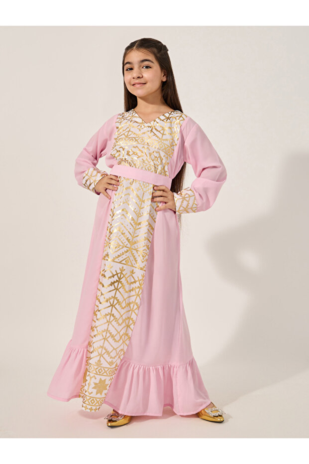 Printed Panel Ruffled Hem Belted Dress