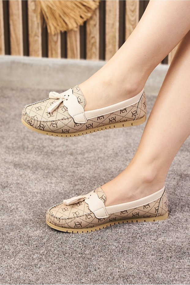Daily Women's Beige Ballerina Tassel and Stitching Detailed Faux Leather Patterned Lightweight Low Heeled Shoes 05