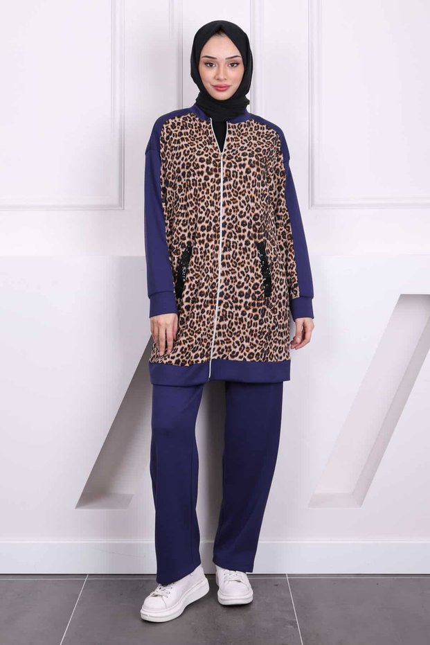 Navy Blue Sequined Leopard Modal Tunic with Pants
