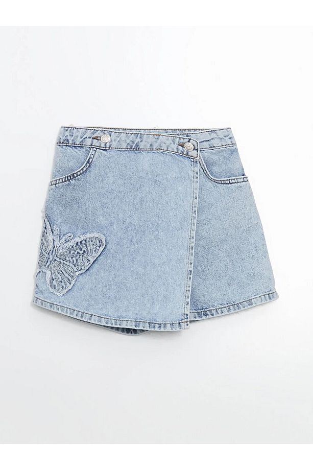 LCW Kids Mavi Kelebek Nakışlı Kız Çocuk Jean Şort Etek - 1