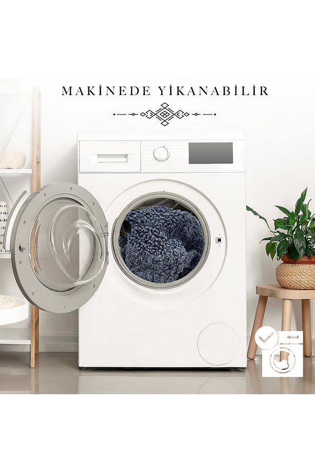 Macoroni Antrasit Yuvarlak Oda Banyo Halısı Makinede Yıkanabilir %100 Pamuk Dokuma - 7