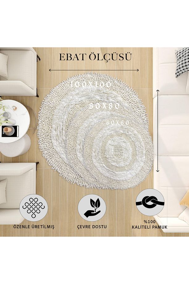 Macoroni Krem Yuvarlak Oda Banyo Halısı Makinede Yıkanabilir %100 Pamuk Dokuma - 6