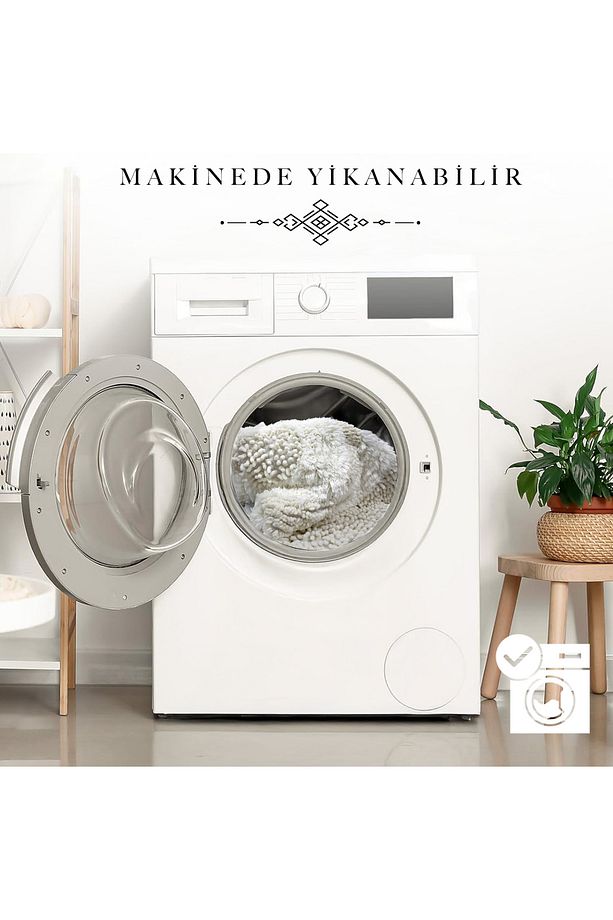 Macoroni Krem Yuvarlak Oda Banyo Halısı Makinede Yıkanabilir %100 Pamuk Dokuma - 7