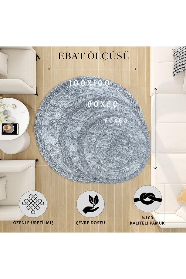 Macoroni Yuvarlak Gri Oda Banyo Halısı Makinede Yıkanabilir %100 Pamuk Dokuma - 6