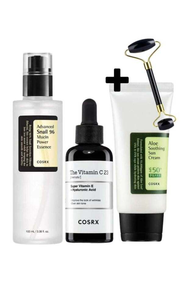 Ultimate Skincare Trio & Face Roller - Snail Mucin Essence, Vitamin C Serum & Aloe Cream