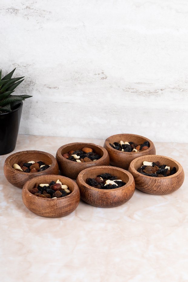 Set of 6 Natural Wood Dark Color Wooden Snack Bowls