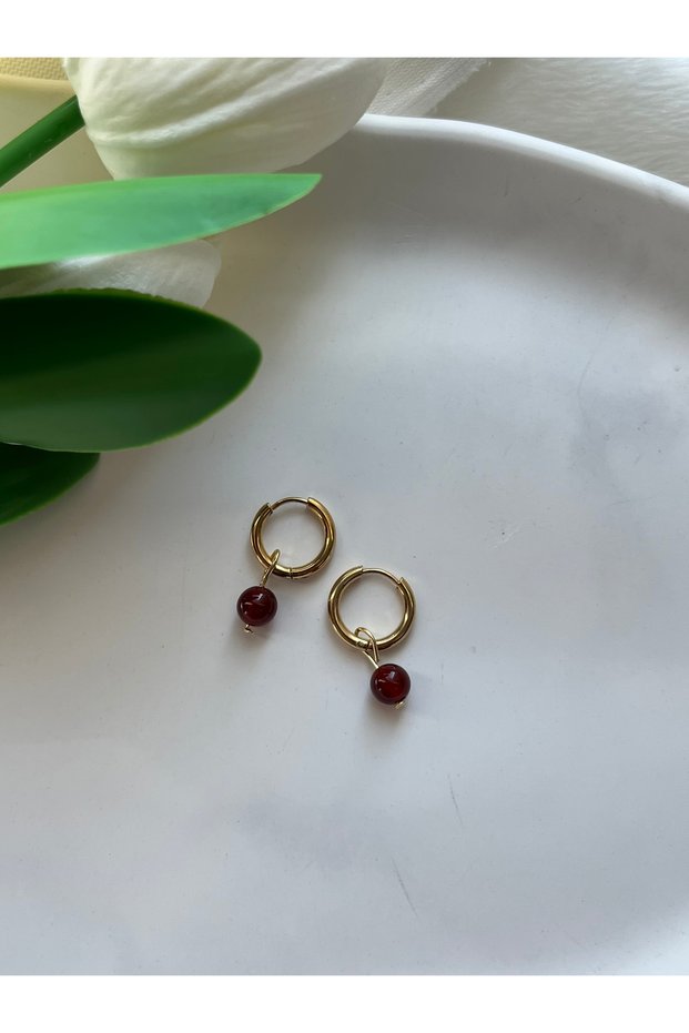 Red Agate Steel Hoop Earrings