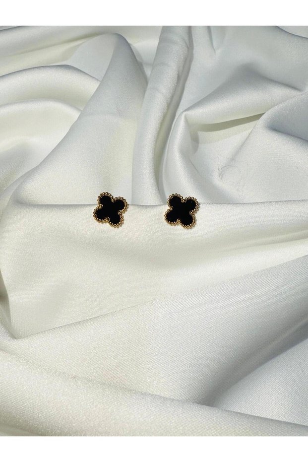 Gold Detail Black Clover Earrings