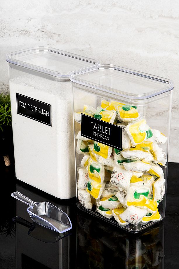 2'li Deterjan Kutusu Seti Ölçekli Toz Deterjan Tablet Deterjan Etiketli 3000ml Mika Deterjanlık Seti - 5