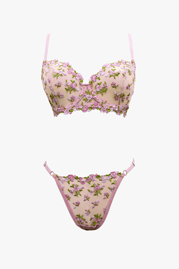مجموعة الملابس الداخلية Underwire الأزهار الوردية