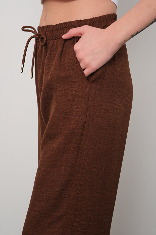 Women's Brown Linen Blend Fabric Loose Cut Trousers Elastic Waist Comfortable Fit Style Cut