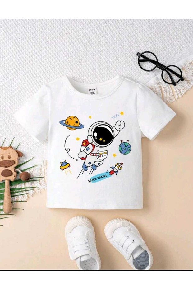 Children's Space Travel Printed Crew Neck Cotton T-Shirt