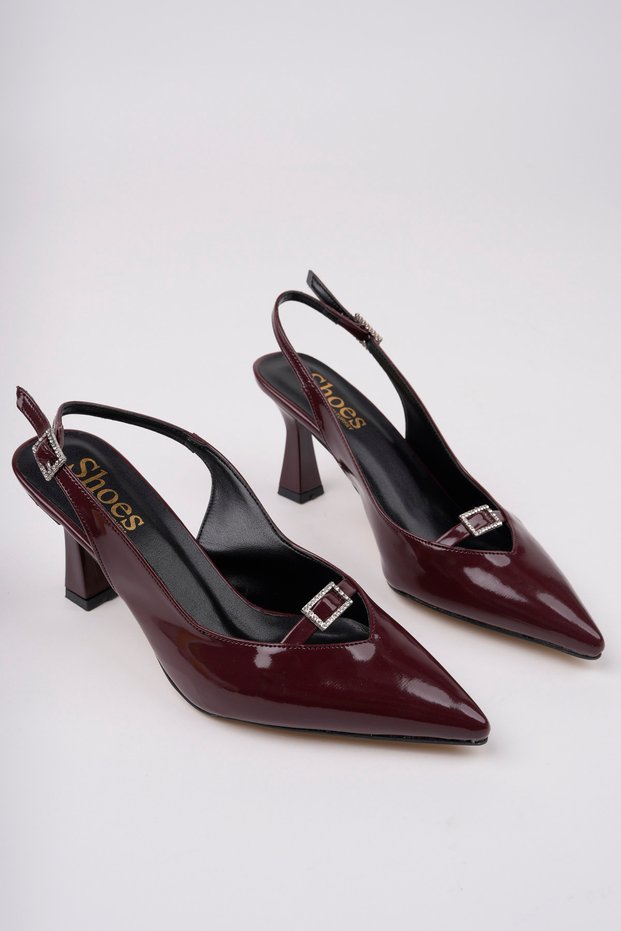 Women's Burgundy Stone Buckle Detailed Stylish Elegant Heeled Shoes