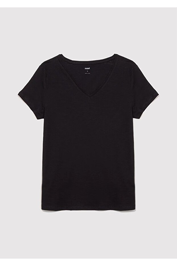 Yaka Flamlı Mavi Basic Tişört - 4