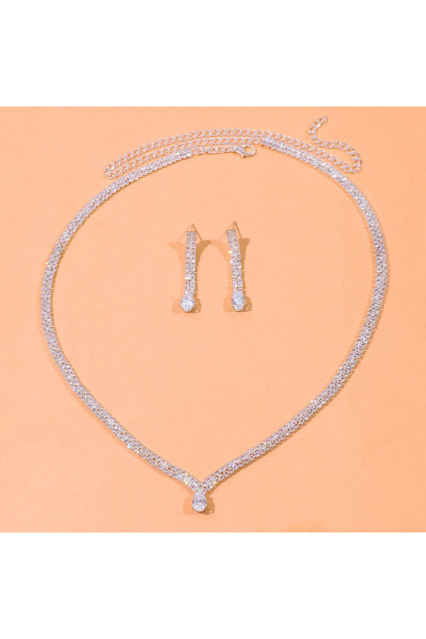 Silver Plated Fashion Simple Geometric Zircon Necklace Earrings Women Crystal Earrings for Wedding B