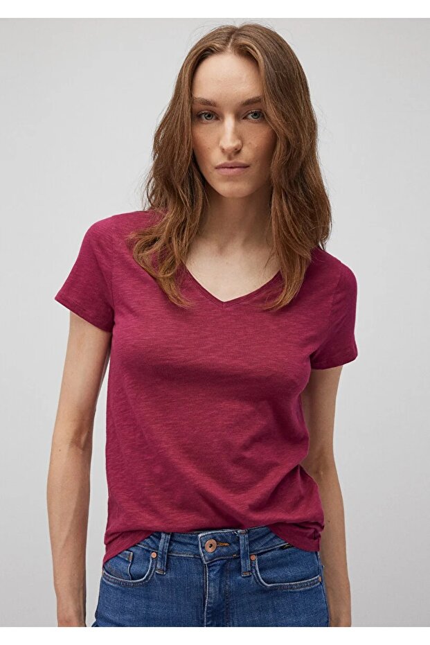 Yaka Flamlı Mavi Basic Tişört - 2