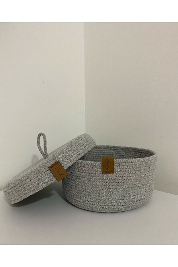 Gray Small Size Multi-Purpose Basket with Lid, Decorative Basket, Cotton Rope, Cord Rope