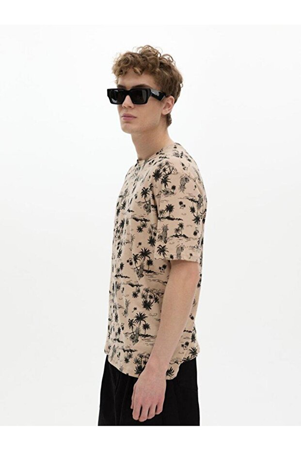 Palmiye Desenli Bej T-shırt - 4