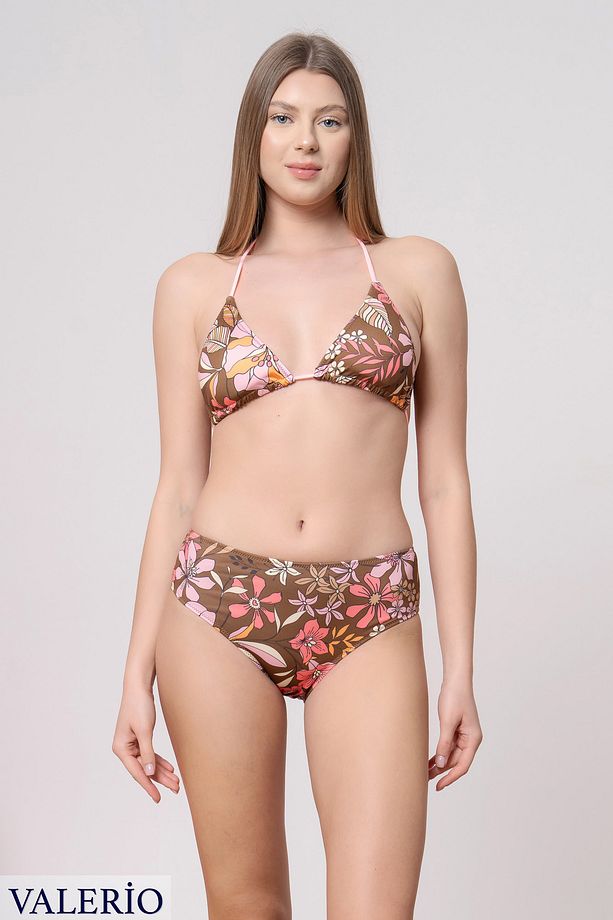 Çiçek Desenli Üçgen Yüksek Bel Bikini Takımı - 1