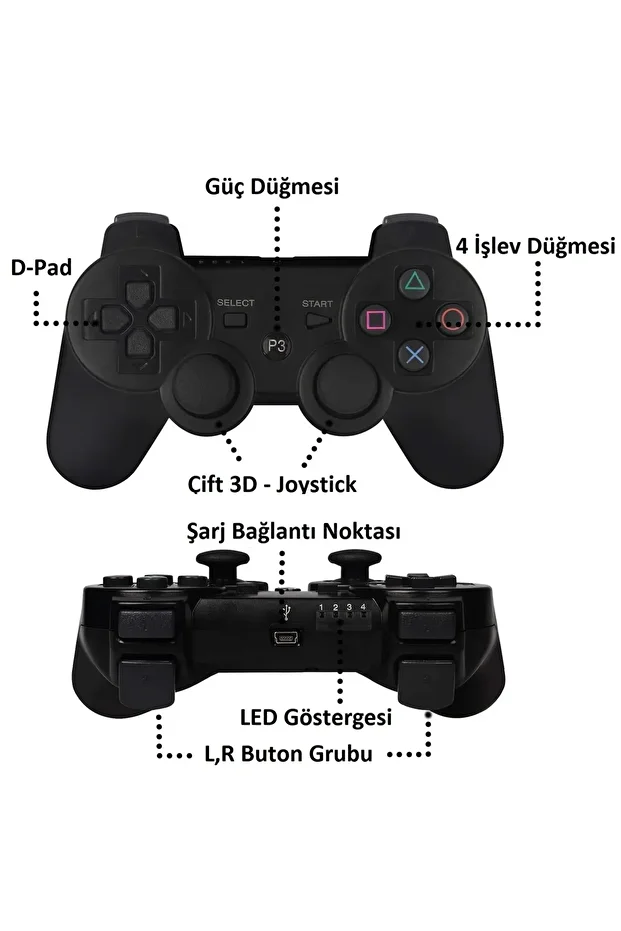 Ps3 Kablosuz Oyun Kolu Dualshock Uyumlu  3 Wireless Controller Joystick + Şarj Kablosu - 3