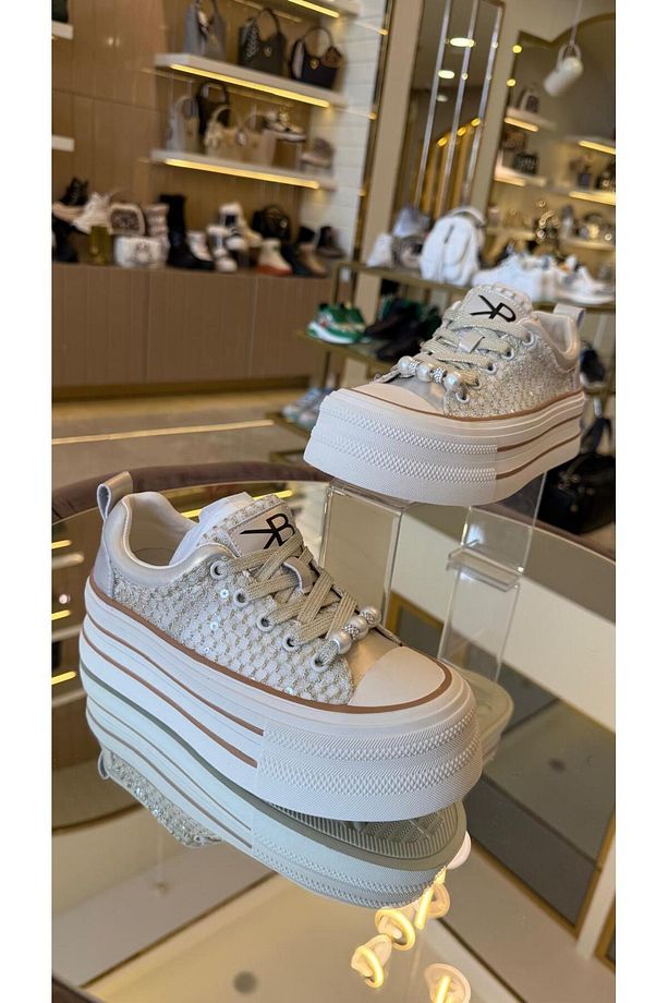 İthal Yüksek Taban Transparan-Pullu Bağcıklı Sneakers - 4