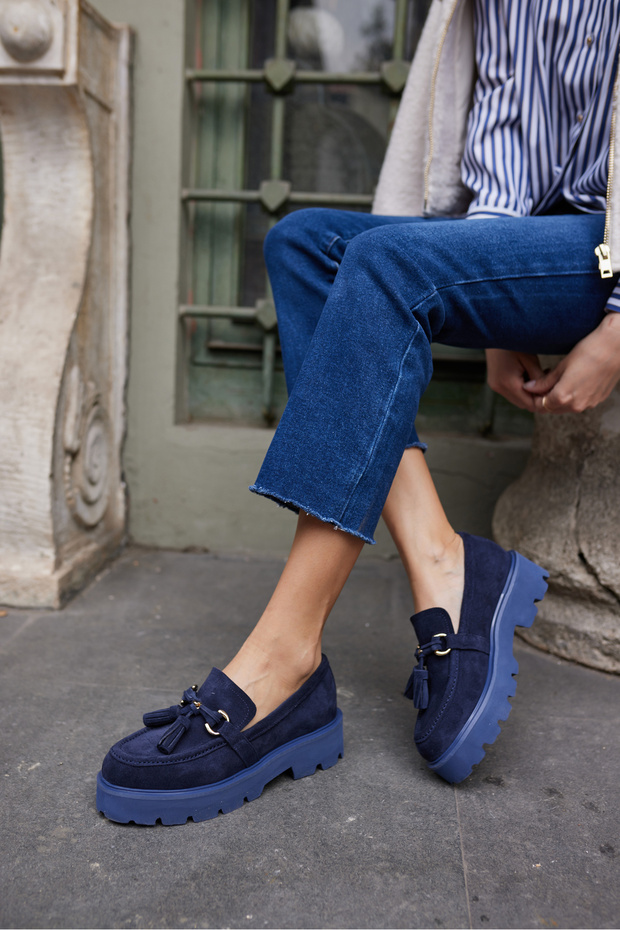 Gray Women's Navy Blue Real Suet Tassel Eva Sole Loafer