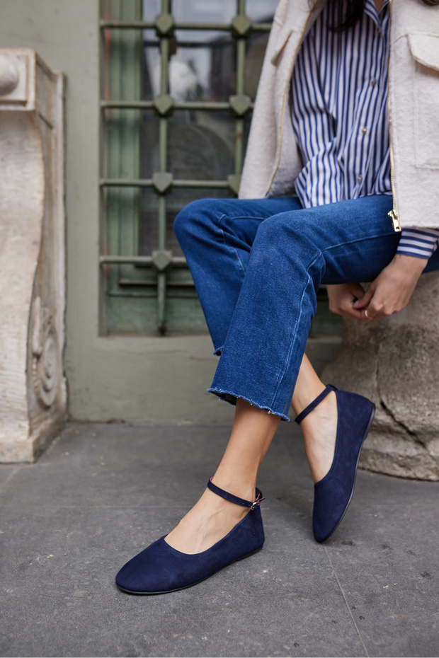 Si̇lva Women's Navy Blue Real Suede Scarf Ballet Flats